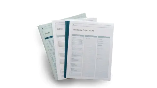 Three printed construction bid proposals labeled Bid #1, Bid #2, and Bid #3 arranged on a desk, representing BidBuilder’s centralized bid management and organized subcontractor comparison.