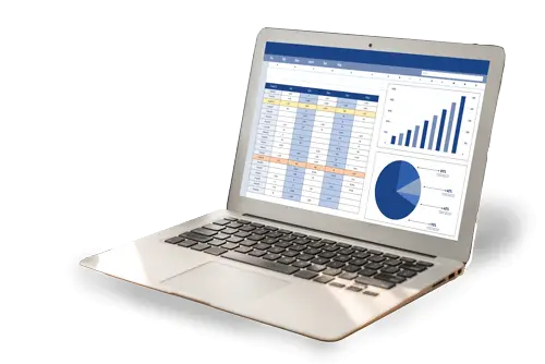 Laptop displaying a construction estimating spreadsheet with charts, representing BidBuilder’s organized project data and real‑time cost visibility.