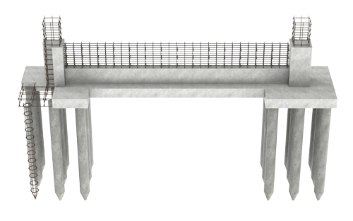 3D structural rendering of a reinforced concrete pile cap with multiple piles, column, and rebar layout, illustrating the type of foundation modeled in pile cap design and analysis software.