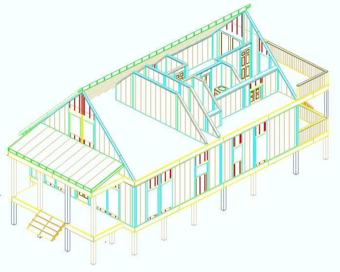 “3D line‑model of a panelized home structure showing wall studs, roof trusses, floor framing, and elevated support columns, illustrating component‑based construction and architectural layout.